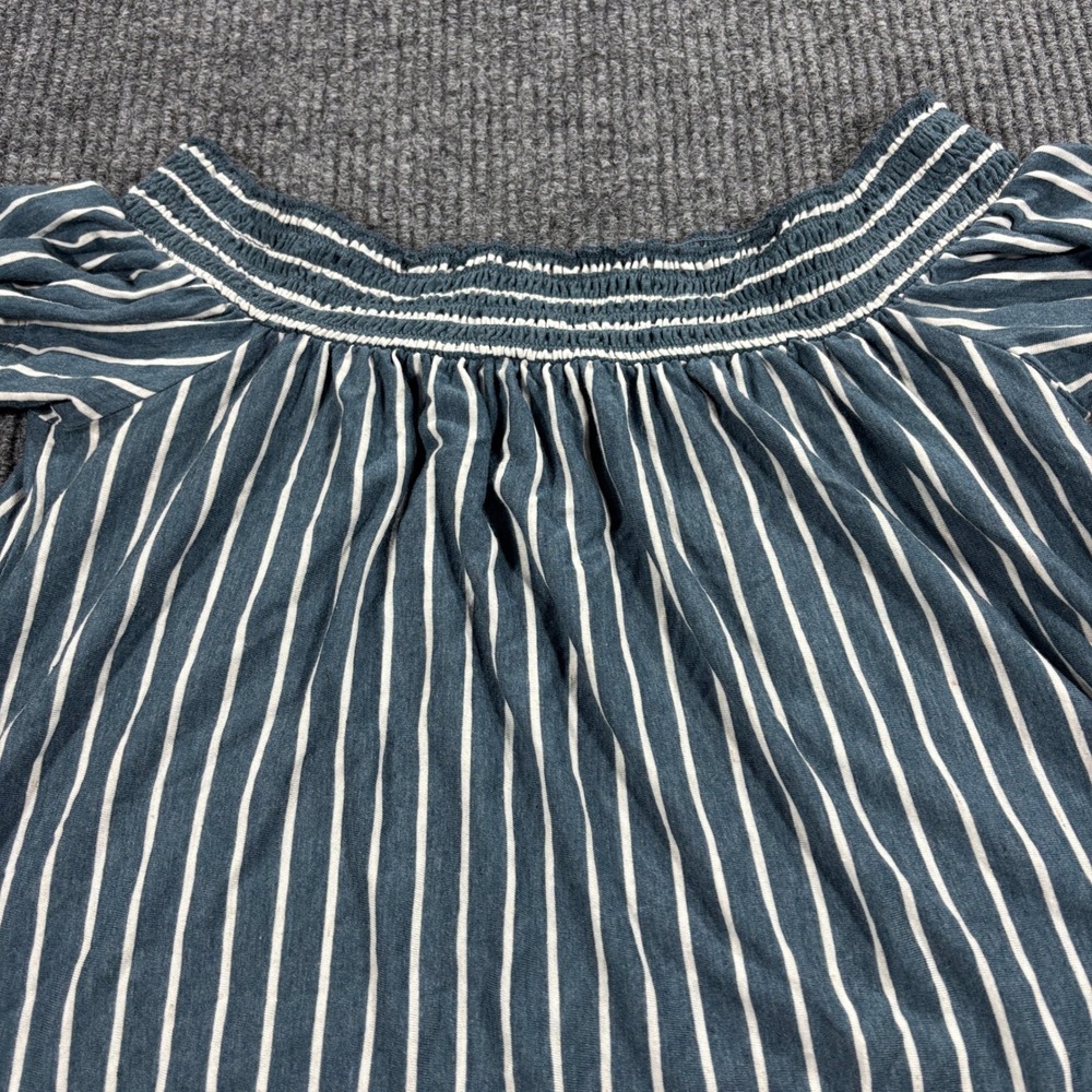 American Eagle Off The Shoulder Top Women Medium Blue Striped‎ Smocked Linen